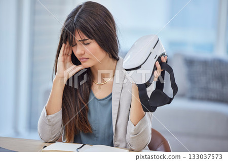 Vr, stress or business woman with headache after exploring metaverse in office. Mental health, anxiety or female with migraine, pain or depression, fatigue or burnout after virtual reality experience Vr, stress or business woman with headache after exploring metaverse in office. Mental health, anxiety or female with migraine, pain or depression, fatigue or burnout after virtual reality experience 133037573