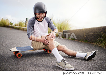 Injury, man and knee pain after skateboarding fall, sports practice and learning to skate. Active, bad and skateboarder with a sprain, broken bone or holding a painful leg in the street while skating Injury, man and knee pain after skateboarding fall, sports practice and learning to skate. Active, bad and skateboarder with a sprain, broken bone or holding a painful leg in the street while skating 133037579