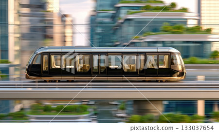 Futuristic tram gliding effortlessly on elevated tracks against a warm sunset in a vibrant urban landscape 133037654