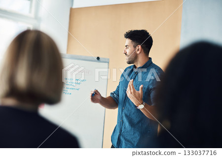 Presentation whiteboard, meeting speech and man training, coaching or teaching audience, trade show people or seminar. Event presenter, reading and male business leader talking to conference group Presentation whiteboard, meeting speech and man training, coaching or teaching audience, trade show people or seminar. Event presenter, reading and male business leader talking to conference group 133037716