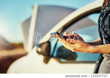 Breakdown, car and hands of woman with phone for help or search for roadside assistance and auto insurance. Emergency, transport and lady with engine problems, smartphone and text for online service. 133037727