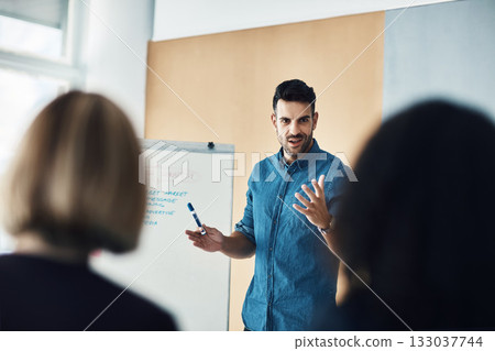 Presentation board, workshop meeting and man training, coaching or teaching audience, trade show event or seminar. Discussion, info and business leader, speaker or person talking to conference group 133037744