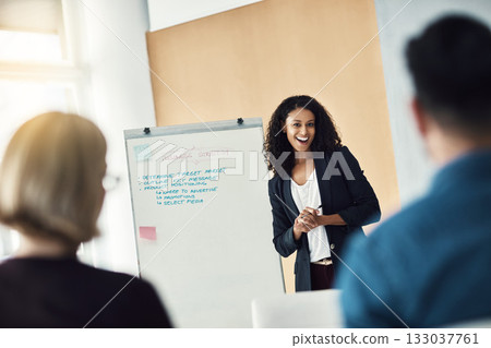 Presentation whiteboard, meeting audience and happy woman, mentor or leader planning, coaching or training group. Discussion, happiness or boss giving proposal, sales report or client investment plan Presentation whiteboard, meeting audience and happy woman, mentor or leader planning, coaching or training group. Discussion, happiness or boss giving proposal, sales report or client investment plan 133037761