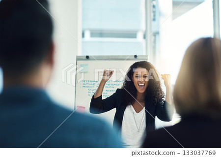 Presentation meeting, team leader and excited woman celebrate business success, wow feedback or startup. Congratulations, sales revenue cheers and person happy for winner, agency group or achievement Presentation meeting, team leader and excited woman celebrate business success, wow feedback or startup. Congratulations, sales revenue cheers and person happy for winner, agency group or achievement 133037769