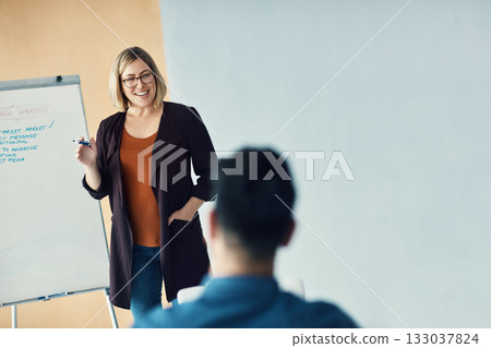 Presentation whiteboard, team meeting speech and happy woman talking to trade show, sales group or investment clients. Strategy planning, report and person speaking to listening conference people Presentation whiteboard, team meeting speech and happy woman talking to trade show, sales group or investment clients. Strategy planning, report and person speaking to listening conference people 133037824