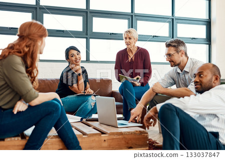 Business people, creative meeting and teamwork for collaboration, planning or strategy at office. Group of employee workers in team discussion, project plan or brainstorming for startup at workplace 133037847