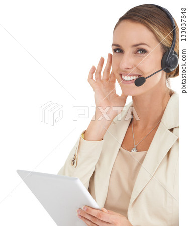 Call center, tablet and portrait of woman in studio for communication, contact us and customer service. Digital, technology and connection with female employee isolated on white background for mockup Call center, tablet and portrait of woman in studio for communication, contact us and customer service. Digital, technology and connection with female employee isolated on white background for mockup 133037848