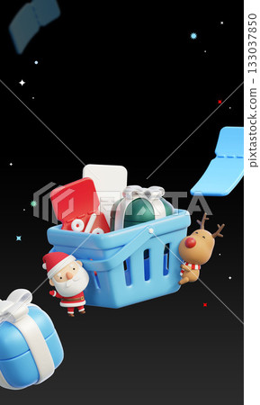 3D graphic of Santa Claus and reindeer characters hugging a shopping basket with gift box and coupon 3D graphic of Santa Claus and reindeer characters hugging a shopping basket with gift box and coupon 133037850