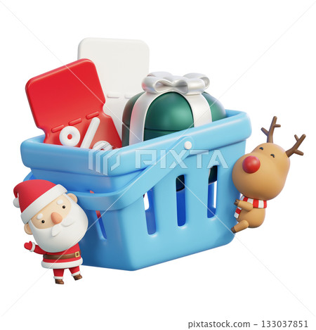 3D graphic of Santa Claus and reindeer characters hugging a shopping basket with gift box and coupon 133037851