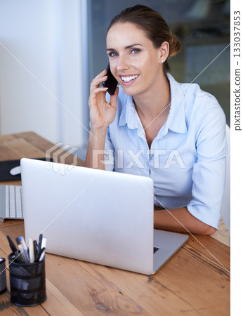 Phone call, portrait and woman at laptop for networking, business discussion and chat. Happy female worker, smartphone and mobile consulting at computer for connection, contact and digital management Phone call, portrait and woman at laptop for networking, business discussion and chat. Happy female worker, smartphone and mobile consulting at computer for connection, contact and digital management 133037853