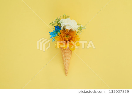 Floral ice cream in a cone in a studio for art, creativity or decoration with fresh and colorful bouquet. Creative, still life and blossom flowers or plants in a dessert isolated by yellow background Floral ice cream in a cone in a studio for art, creativity or decoration with fresh and colorful bouquet. Creative, still life and blossom flowers or plants in a dessert isolated by yellow background 133037859