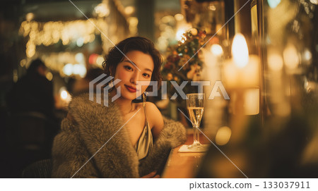 一位微笑的女士在豪華酒吧 | 享受著香檳帶來的美好成人時光 133037911