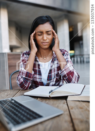 Woman, student and headache in stress, anxiety or burnout from overworked or studying at campus. Stressed and tired female person at university with bad head pain, strain or ache with study books Woman, student and headache in stress, anxiety or burnout from overworked or studying at campus. Stressed and tired female person at university with bad head pain, strain or ache with study books 133037934