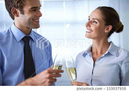 Business people, toast and champagne drinks for office celebration, staff party and event. Happy man, woman and employees cheers with wine, drinking alcohol and glass to celebrate winning teamwork Business people, toast and champagne drinks for office celebration, staff party and event. Happy man, woman and employees cheers with wine, drinking alcohol and glass to celebrate winning teamwork 133037938