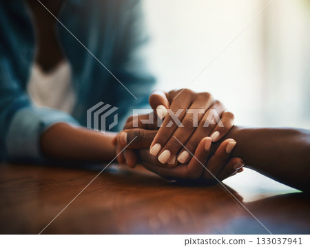 Empathy, love and support with friends and holding hands for comfort, kindness and gratitude. Hope, help and trust with closeup of people at home for depression, praying and forgiveness 133037941