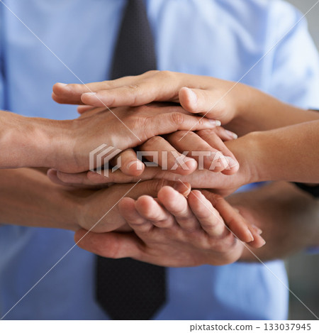 Team building, closeup and hands of business people in support, trust and winner of success, partnership or target goals. Hand huddle, group and cooperation of mission, faq or celebration of teamwork 133037945