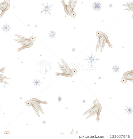 Watercolor repeat seamless pattern with illustration of a flying birds of peace with spread wing and snowflakes. Hand-drawn Bird design symbol of peace for invitations in beige colors. 133037946