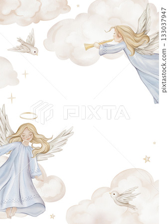 Vertical Banner watercolor illustration with angel with light hair and nimbus. Postcard for Christmas or Christian Nativity for religious baptism. Hand drawn illustration clouds and birds, stars 133037947