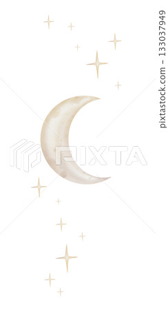 Vertical composition with hand drawn watercolor illustration of the moon with stars for nursery wall art in light pastel beige yellow color. Sky for dreamy atmosphere for kids design. Vertical composition with hand drawn watercolor illustration of the moon with stars for nursery wall art in light pastel beige yellow color. Sky for dreamy atmosphere for kids design. 133037949