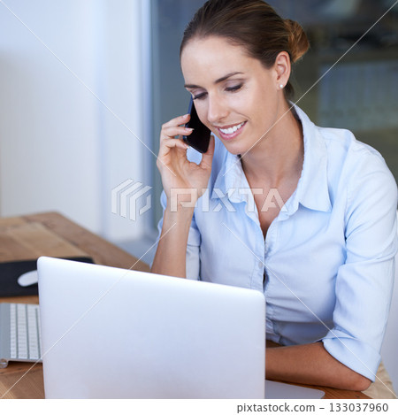 Phone call, woman and laptop for business consulting, planning and communication. Happy female worker, smartphone and mobile networking at computer for connection, digital contact and administration Phone call, woman and laptop for business consulting, planning and communication. Happy female worker, smartphone and mobile networking at computer for connection, digital contact and administration 133037960