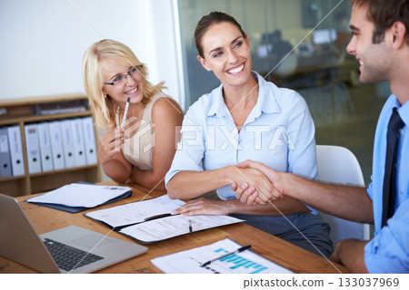 Business meeting, happy woman and handshake for partnership, contract and thank you in negotiation. Team collaboration, networking and shaking hands for support, b2b proposal and consulting agreement 133037969