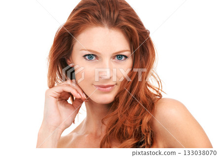 Beauty, ginger hair and portrait of woman in studio for natural makeup, cosmetics and skincare. Style, smile and confident with face of model isolated on white background for spa and self care Beauty, ginger hair and portrait of woman in studio for natural makeup, cosmetics and skincare. Style, smile and confident with face of model isolated on white background for spa and self care 133038070