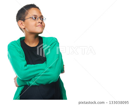 Space, arms crossed and casual with child in studio for thinking, learning and future. Cool, doubt and attitude with young person isolated on white background for idea, education and glasses mockup 133038095