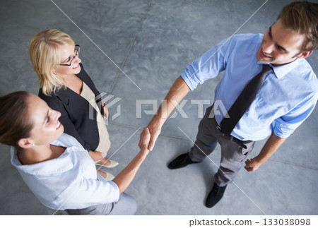 Top view, handshake and happy business people in deal, thank you and partnership agreement. Teamwork, networking and shaking hands in collaboration, welcome and support of promotion, trust or success 133038098