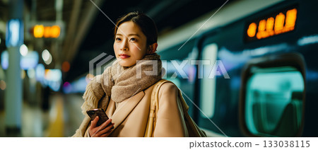 A woman looking at her smartphone on the Shinkansen platform at night | A quiet moment to stop during a journey 133038115