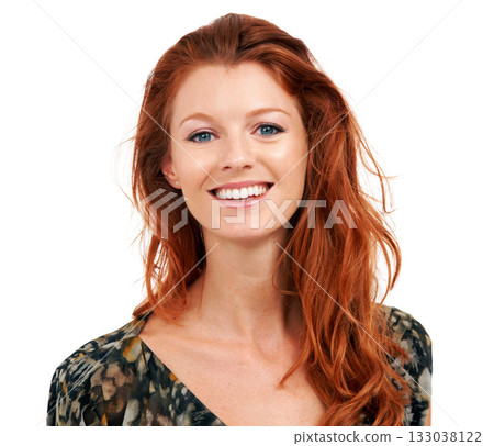 Natural beauty, ginger and woman happy with cosmetics and pride in a studio portrait. White background, face and smile of young female person with red hair and closeup with confidence and style Natural beauty, ginger and woman happy with cosmetics and pride in a studio portrait. White background, face and smile of young female person with red hair and closeup with confidence and style 133038122