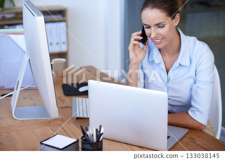 Phone call, office and woman at laptop for networking, business discussion and information. Happy female worker, communication and mobile consulting at computer, conversation and digital management Phone call, office and woman at laptop for networking, business discussion and information. Happy female worker, communication and mobile consulting at computer, conversation and digital management 133038145