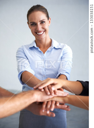 Portrait, happy woman and business people stack in support, huddle and target of success, agreement and trust. Female worker, hands and motivation of collaboration, teamwork and winner achievement Portrait, happy woman and business people stack in support, huddle and target of success, agreement and trust. Female worker, hands and motivation of collaboration, teamwork and winner achievement 133038151