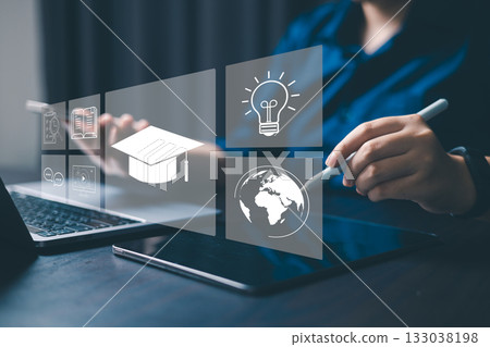 Concept of online education, training digital courses, e-learning platforms on internet supports personal development, helps gain professional qualifications, enables learners to develop new skills. 133038198