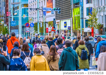 Tokyo cityscape in Japan: Inbound tourism continues...View of Ginza 4-chome in Tokyo, overflowing with foreign tourists = November 12th 133038218