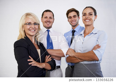 Portrait, happy people and team with arms crossed in white background, isolated studio and professional collaboration. Group of business employees smile for corporate teamwork, pride and confidence 133038226