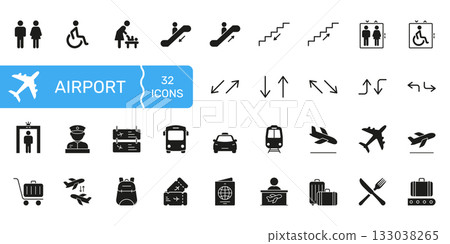 Airport Navigation And Facilities Icon Set. Comprehensive Travel And Transportation Silhouette Symbol Collection. Includes Accessibility, Security, And Passenger Services. Vector Illustration 133038265