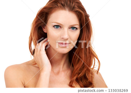 Beauty, hair and skincare with portrait of woman in studio for natural makeup and cosmetics. Ginger, hairstyle and confident with face of model isolated on white background for spa and self care Beauty, hair and skincare with portrait of woman in studio for natural makeup and cosmetics. Ginger, hairstyle and confident with face of model isolated on white background for spa and self care 133038269