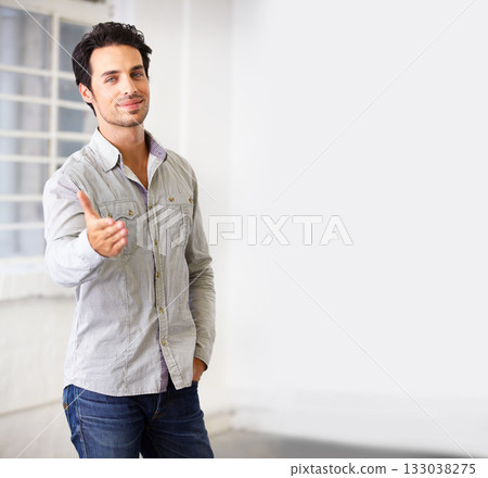 Portrait, man and realtor with handshake to welcome you to house, home or property with mockup space. Face, shaking hands and male real estate agent with deal, agreement and opportunity for sale. 133038275