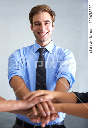 Portrait, happy business man and team building huddle, support and target of success, agreement and trust. Businessman, stack hands and cooperation of collaboration, teamwork and partnership goals 133038285