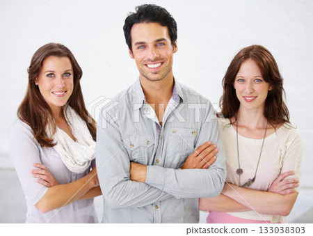 Portrait, group and business people with arms crossed for leadership in office workplace together. Smile, friends and employees standing with confidence, teamwork and collaboration in company. 133038303