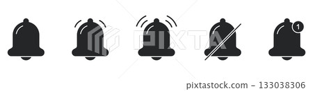 Notification Bell Icon Set. Alert, Reminder, And Mute Functionality Silhouette Symbol Collection. Includes Vibrating, Muted, And New Notification Indicators. Isolated Vector Illustration Notification Bell Icon Set. Alert, Reminder, And Mute Functionality Silhouette Symbol Collection. Includes Vibrating, Muted, And New Notification Indicators. Isolated Vector Illustration 133038306