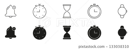 Notification Bell, Stopwatch, Hourglass, And Smartwatch Icon Set. Time Management, Alerts, And Digital Tracking Outline And Silhouette Icon. Efficient Scheduling Tools. Isolated Vector Illustration 133038310