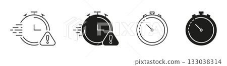 Stopwatch With Alert Icon Set. Time Management, Urgency, And Deadline Notification Outline And Silhouette Symbol Collection. Efficiency And Productivity. Isolated Vector Illustration 133038314