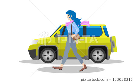 Concept business girl walking and car parking beside. Confident woman in a tough outfit walks with a shoulder bag. Kei car yellow color parking side of people. Isolated white background. 133038315