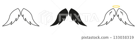 Angel Wings And Halo Line And Solid Icon Set. Spirituality, Protection, And Guardian Symbol Outline And Silhouette Collection. Celestial And Divine Representation. Isolated Vector Illustration Angel Wings And Halo Line And Solid Icon Set. Spirituality, Protection, And Guardian Symbol Outline And Silhouette Collection. Celestial And Divine Representation. Isolated Vector Illustration 133038319