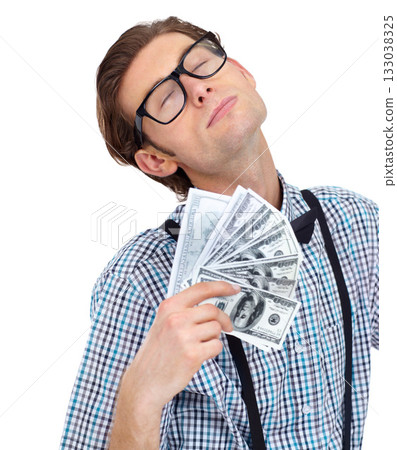 Money fan, winner and man with dollars in studio isolated on a white background. Male person, cash and fanning after lottery win, competition and bonus or prize, cashback and financial freedom profit Money fan, winner and man with dollars in studio isolated on a white background. Male person, cash and fanning after lottery win, competition and bonus or prize, cashback and financial freedom profit 133038325
