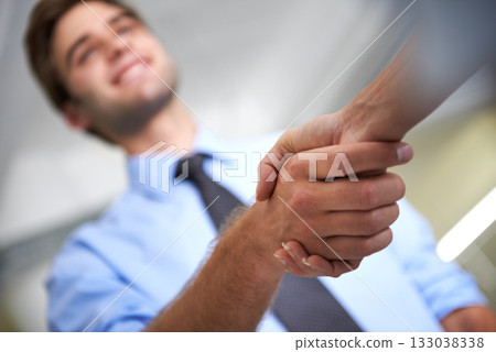 Closeup of people, handshake and business deal for teamwork, thank you and sales agreement of partnership. Hiring, networking and man shaking hands in collaboration, welcome and consulting of success 133038338