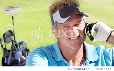 Golfer man, phone and happy outdoor on call for communication on a golf course. Senior person portrait with smartphone at club to play a sports game on vacation or holiday in nature and retirement 133038356
