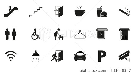 Public Facility And Service Icons Solid Icon Set. Accessibility, Amenities and Convenience Silhouette Symbol Collection. Includes Stairs, Exit, Coffee and Fast Food. Isolated Vector Illustration Public Facility And Service Icons Solid Icon Set. Accessibility, Amenities and Convenience Silhouette Symbol Collection. Includes Stairs, Exit, Coffee and Fast Food. Isolated Vector Illustration 133038367