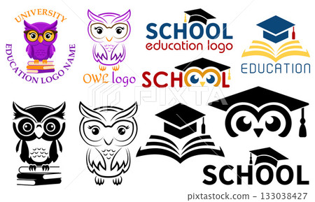 owl education logo for university college school and your business or company set logotype cartoon stock color and black and white vector illustration owl education logo for university college school and your business or company set logotype cartoon stock color and black and white vector illustration 133038427